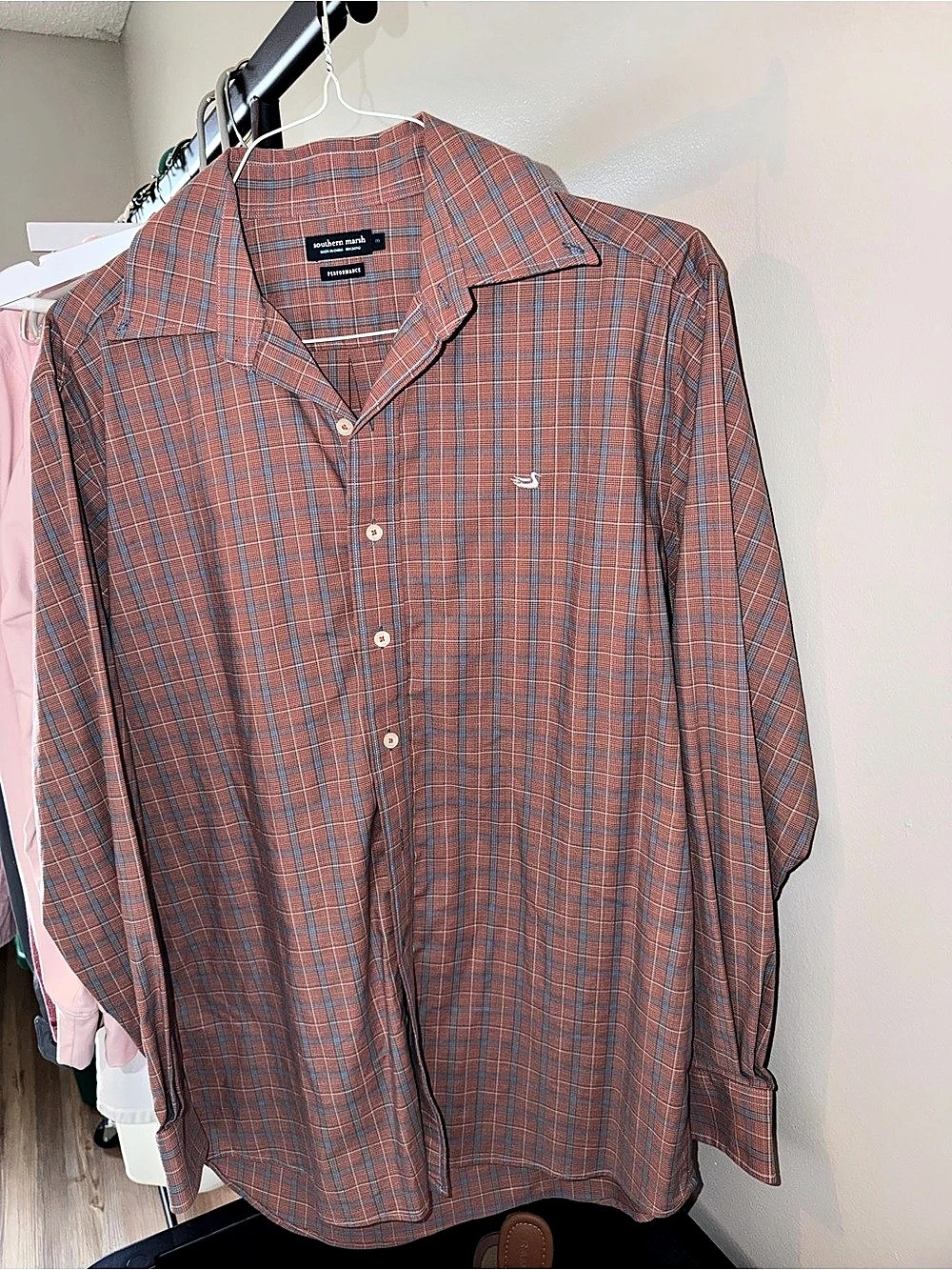 Southern Marsh Performance Plaid Casual Button Down in Orange M Like New